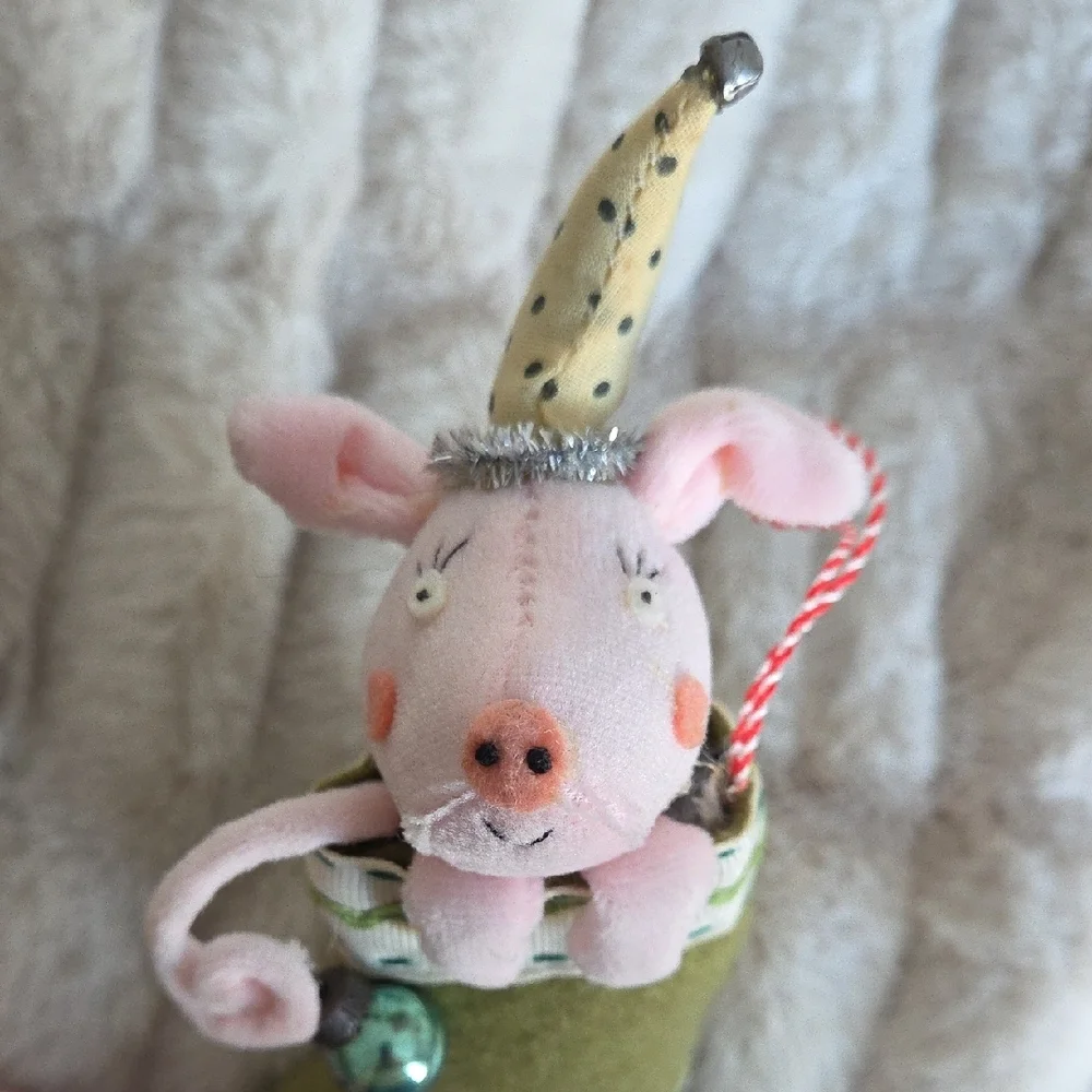 Festive Pig Ornament in Green Stocking - Picture 3 of 3